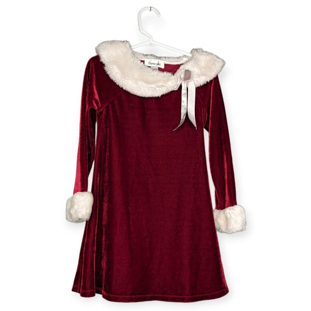 Byer Girl Red Velvet with Faux Fur Collar and Cuffs Long Sleeve Dress Size 5